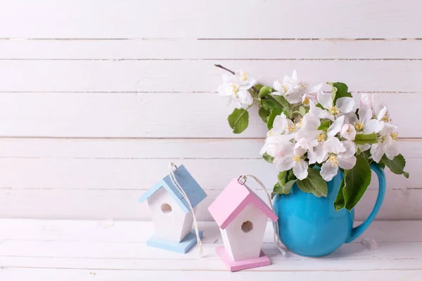 Spring Easter Background Apple Tree Flowers Pitcher Two Decorative Bird — Stock Photo, Image