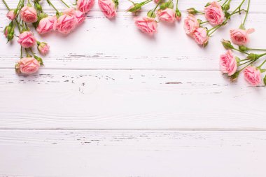 Pembe Gül çiçek Beyaz ahşap zemin üzerinde kenarlık. Çiçekli natürmort. Seçici odak. Yukarıdan görüntülemek.