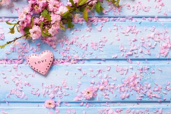 Rosa Sakura Blommor Och Lilla Dekorativa Hjärta Blå Träplankor Selektivt — Stockfoto