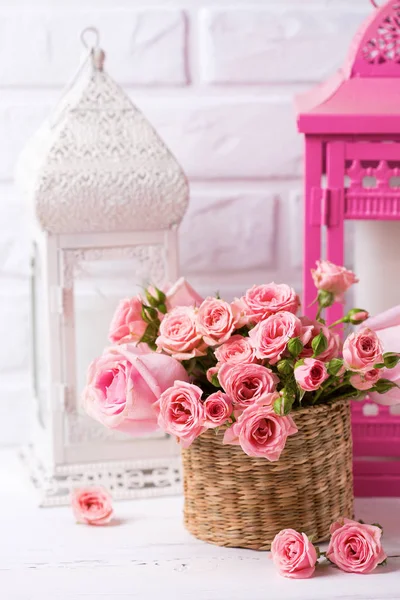 一束嫩粉色的玫瑰花 装饰着粉红色和白色的灯笼 对着白色的砖墙 花静物 选择性对焦 Ffor — 图库照片
