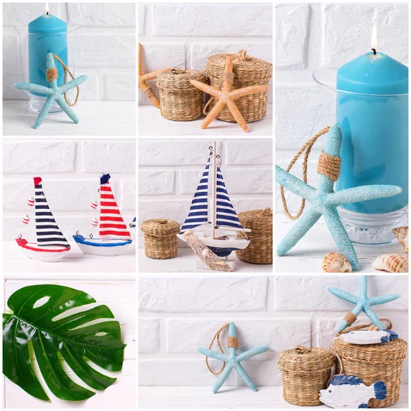 Collage Photos Ocean Coastal Living Decorations Decorative Wooden Boat Star — Stock Photo, Image