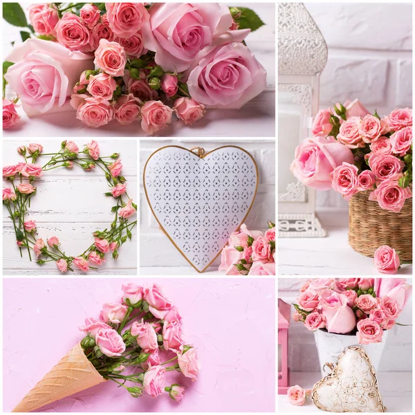 Collage Avec Des Photos Fleurs Roses Tendres Des Cœurs Décoratifs — Photo