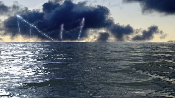 Údery Blesku Hladinu Moře Bouřlivém Moři Atlantském Oceánu — Stock fotografie