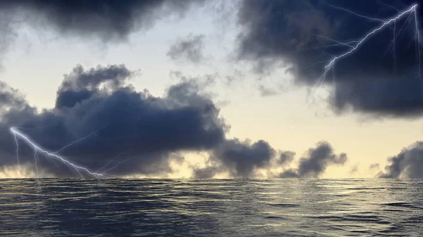 Lightning strikes on the sea surface in stormy sea in the Atlantic Ocean