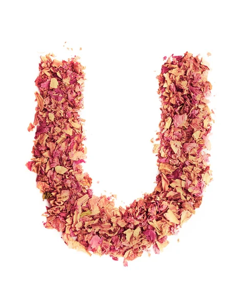 Letter U made of rose petals, isolated on white background. Food typography, english alphabet. Design element — Stock Photo, Image