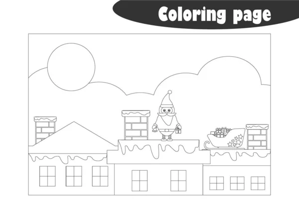 Santa Claus en el techo en estilo de dibujos animados, página para colorear, juego de papel de educación navideña para el desarrollo de los niños, actividad preescolar para niños, hoja de cálculo imprimible, ilustración vectorial — Vector de stock