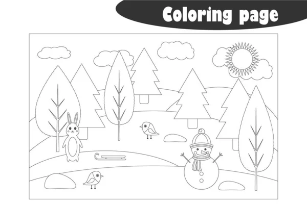 Floresta de inverno no estilo dos desenhos animados, página de colorir, jogo de papel de educação de natal para o desenvolvimento de crianças, atividade pré-escolar de crianças, planilha imprimível, ilustração vetorial —  Vetores de Stock