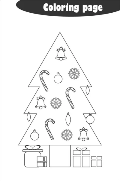 Árvore de Natal no estilo dos desenhos animados, página de colorir, jogo de papel de educação de natal para o desenvolvimento de crianças, atividade pré-escolar de crianças, planilha imprimível, ilustração vetorial —  Vetores de Stock