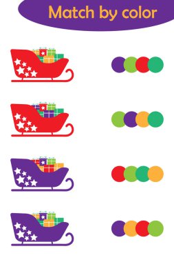 Çocuklar için kış Xmas eşleştirme oyunu, kızakları hediyelerle aynı renk paleti ile birleştirme, çocuklar için okul öncesi çalışma tablosu etkinliği, mantıksal düşüncenin geliştirilmesi, vektör ilülasyonu görevi