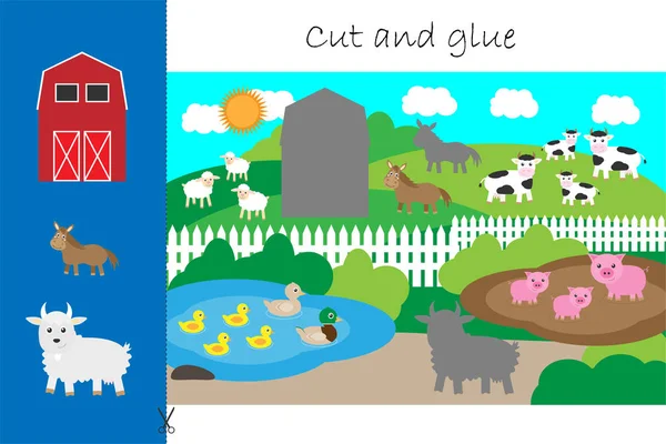 Boerderijdieren en schuur cartoon, educatief spel voor de ontwikkeling van kleuters, gebruik schaar en lijm om het applique te maken, gesneden delen van het beeld en lijm op het papier, vector illustratie — Stockvector