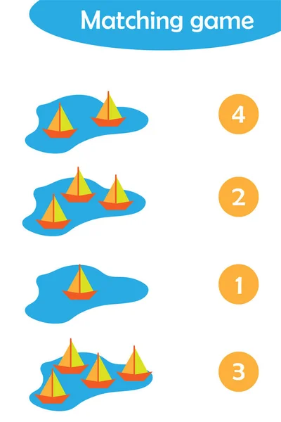 Matek játék papír hajók egy pocsolya gyerekeknek, könnyű szint, oktatási játék gyerekeknek, óvodai munkalap tevékenység, feladata a fejlesztési logikai gondolkodás, vektor illusztráció — Stock Vector
