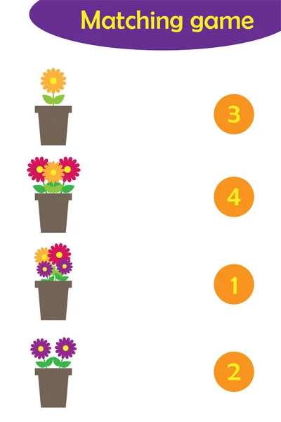 Μαθηματικά παιχνίδι με λουλούδια σε γλάστρες για τα παιδιά, εύκολο επίπεδο, εκπαιδευτικό παιχνίδι για τα παιδιά, προσχολική δραστηριότητα φύλλο εργασίας, εργασία για την ανάπτυξη της λογικής σκέψης, εικονογράφηση φορέα — Διανυσματικό Αρχείο
