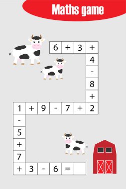 Çocuklar için ineklerle matematik zinciri oyunu, çocuklar için eğitim oyunu, okul öncesi çalışma tablosu aktivitesi, mantıksal düşünmenin geliştirilmesi görevi, vektör illüstrasyonu