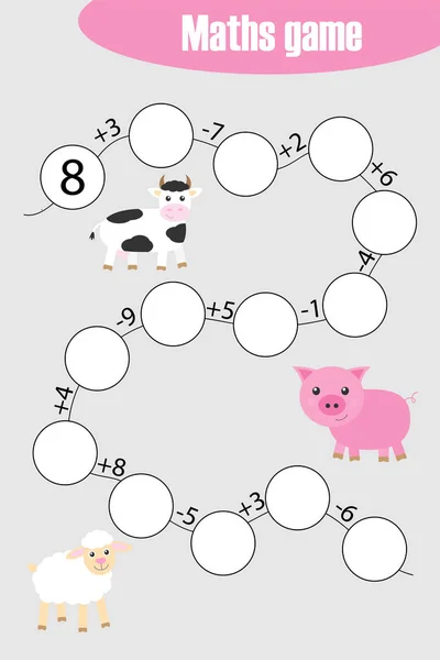 Mathe-Kettenspiel mit Nutztieren für Kinder, Bildungsspiel für Kinder, Arbeitsblatt für Vorschulkinder, Aufgabe zur Entwicklung des logischen Denkens, Vektorillustration — Stockvektor