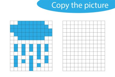 Resmi kopyala, pikseli sanat, yağmur karikatürlü bulut, çizim becerileri eğitimi, çocukların gelişimi için eğitici kağıt oyunu, anaokulu aktivitesi, basılabilir çalışma tablosu, vektör illüstrasyonu