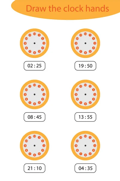 Quelle heure est il, dessiner les aiguilles de l'horloge, jeu pour les enfants, éducation amusante pour les enfants, tâche éducative pour le développement de la pensée logique, activité de feuille de calcul préscolaire, illustration vectorielle — Image vectorielle