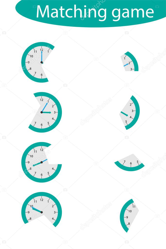 Find the second part of clocks for children, fun education game for kids, educational task for the development of logical thinking, preschool worksheet activity, vector illustration