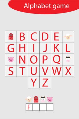 Çocuklar için çiftlik alfabesi oyunu, bir kelime edin, çocuklar için okul öncesi çalışma tablosu aktivitesi, çocukların gelişimi için eğitimsel heceleme oyunu, vektör illüstrasyonu