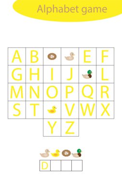 Çocuklar için ördek alfabesi oyunu, bir kelime edin, çocuklar için okul öncesi çalışma listesi aktivitesi, çocukların gelişimi için eğitimsel heceleme oyunu, vektör illüstrasyonu
