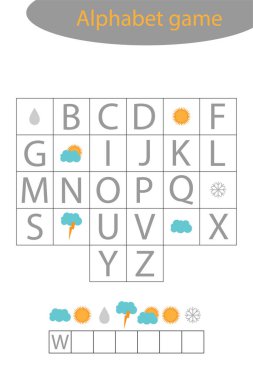 Çocuklar için hava durumu alfabesi oyunu, bir kelime edin, çocuklar için okul öncesi çalışma tablosu etkinliği, çocukların gelişimi için eğitimsel heceleme oyunu, vektör illüstrasyonu