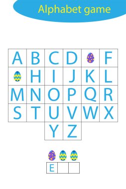 Çocuklar için Paskalya alfabesi oyunu, bir kelime edin, çocuklar için okul öncesi çalışma tablosu etkinliği, çocukların gelişimi için eğitimsel heceleme oyunu, vektör