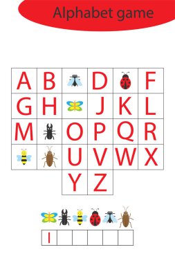 Çocuklar için böcek alfabesi oyunu, bir kelime edin, çocuklar için okul öncesi çalışma tablosu etkinliği, çocukların gelişimi için eğitimsel heceleme oyunu, vektör