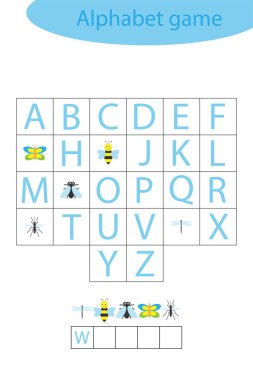 Çocuklar için böcek alfabesi oyunu, bir kelime edin, çocuklar için okul öncesi çalışma tablosu etkinliği, çocukların gelişimi için eğitimsel heceleme oyunu, vektör