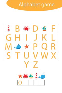 Çocuklar için okyanus hayvanları alfabe oyunu, bir kelime edin, çocuklar için okul öncesi çalışma tablosu aktivitesi, çocukların gelişimi için eğitimsel heceleme oyunu, vektör