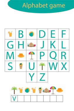 Çocuklar için yaz alfabe oyunu, bir kelime edin, çocuklar için okul öncesi çalışma programı, çocukların gelişimi için eğitimsel heceleme oyunu, vektör