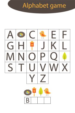 Çocuklar için bahar alfabe oyunu, bir kelime edin, çocuklar için okul öncesi çalışma programı, çocukların gelişimi için eğitimsel heceleme oyunu, vektör