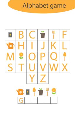 Çocuklar için bahar bahçesi alfabe oyunu, bir kelime edin, çocuklar için okul öncesi çalışma programı, çocukların gelişimi için eğitimsel heceleme oyunu, vektör