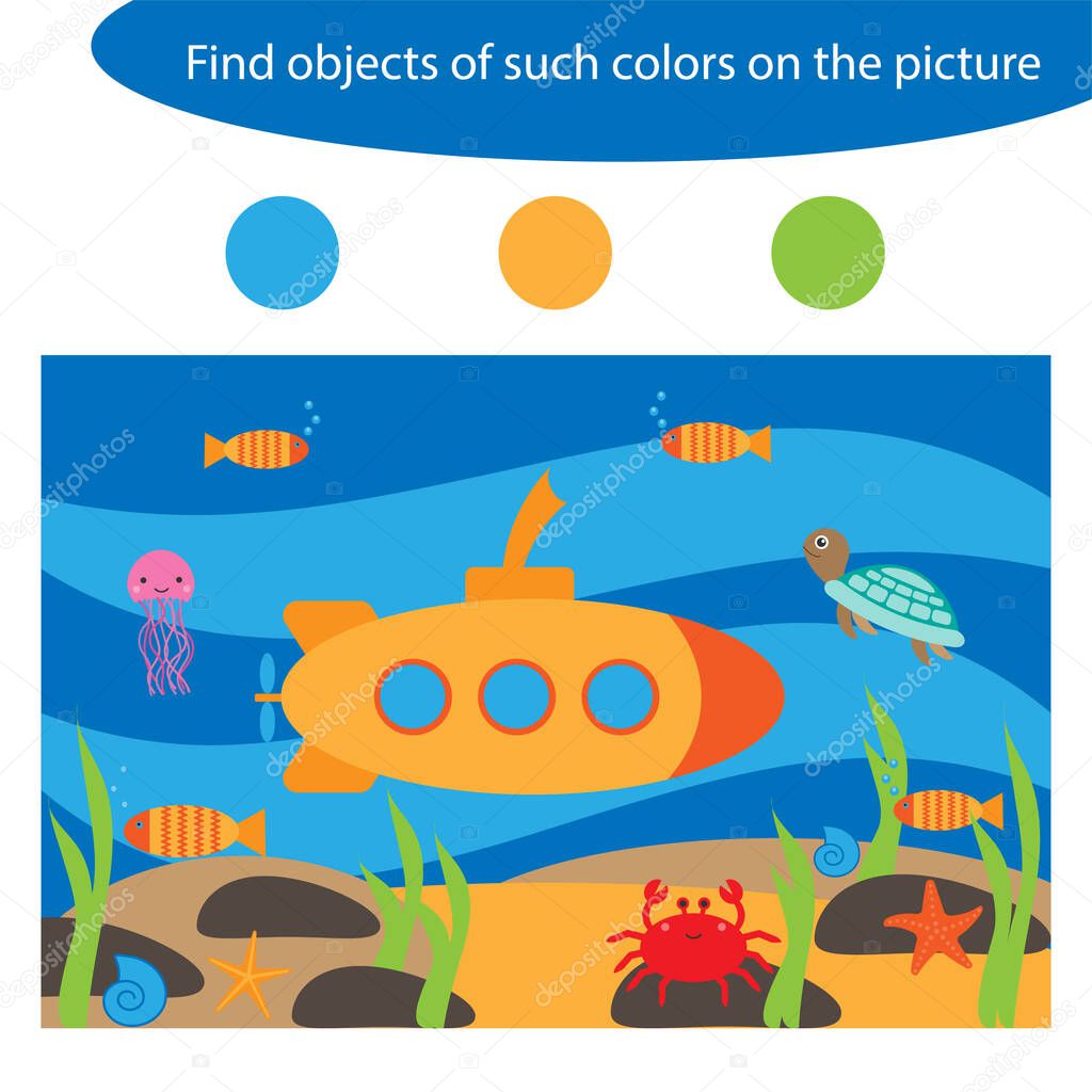 Find objects of same colors, underwater game for children in cartoon style, education game for kids, preschool worksheet activity, task for the development of logical thinking, vector