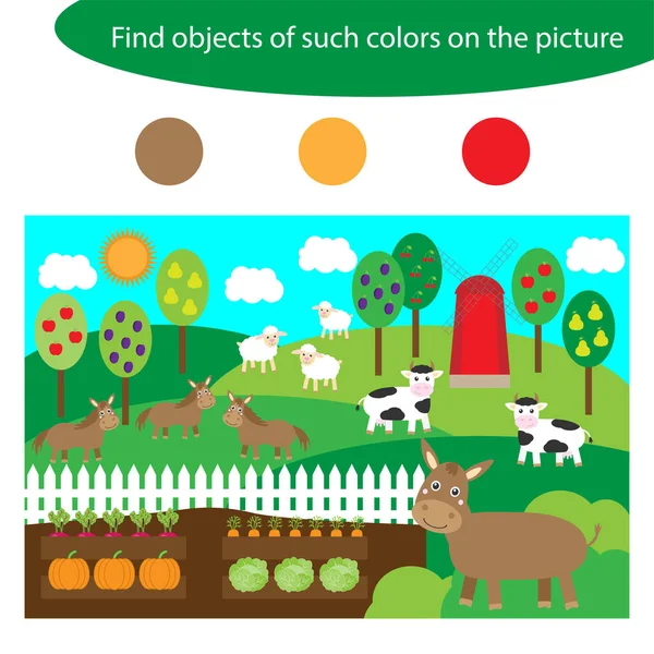 Find Objects Same Colors Farm Animals Game Children Cartoon Style — Stock Vector