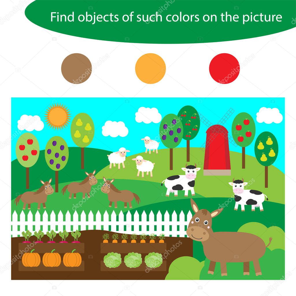 Find objects of same colors, farm animals, game for children in cartoon style, education game for kids, preschool worksheet activity, task for the development of logical thinking, vector