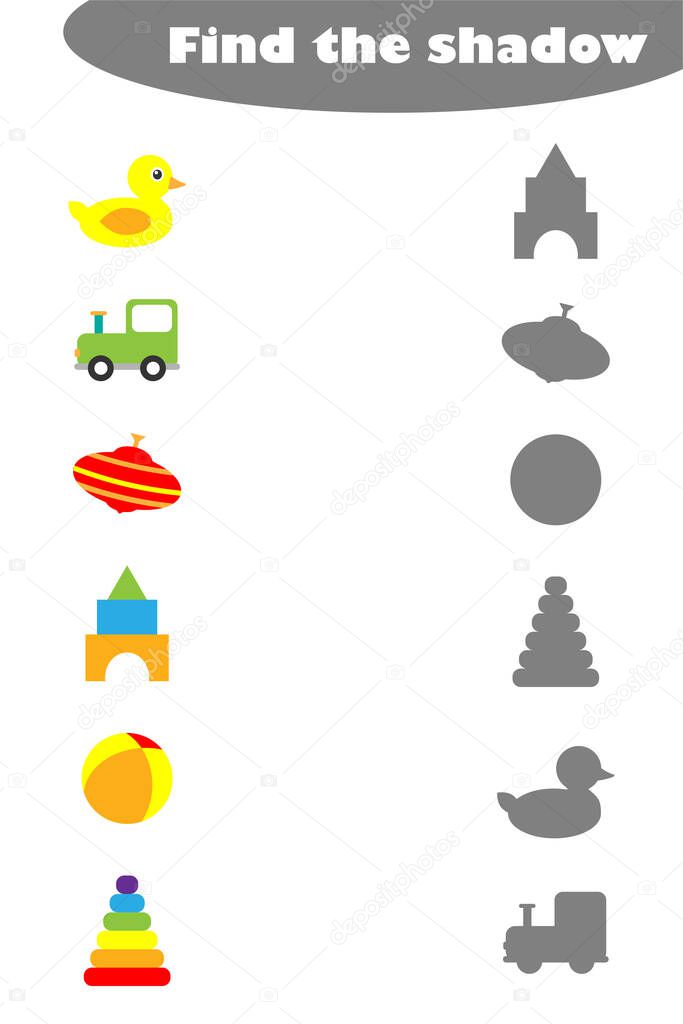 Find the shadow, game with colorful toys for children in cartoon style, education game for kids, preschool worksheet activity, task for the development of logical thinking, vector illustration