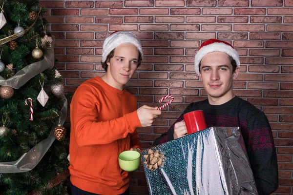 Dwóch zabawnych młodych mężczyzn świętujących Boże Narodzenie nad murem z cegły — Zdjęcie stockowe