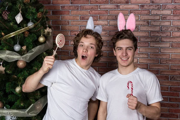 Dva legrační kluci v oblecích králíci slaví Vánoce přes cihlovou zeď — Stock fotografie