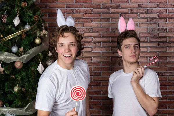 Deux gars drôles en costumes lapins célébrant Noël sur un mur de briques — Photo