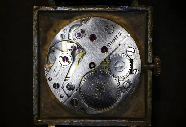 Oude Klok Mechanisme Close Vintage Mechanisch Horloge Macro Afbeelding — Stockfoto