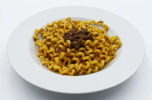 Fusilli Lunghi Bucati Bolognese Sauce White Plate Traditional Italian Pasta — Stock Photo, Image