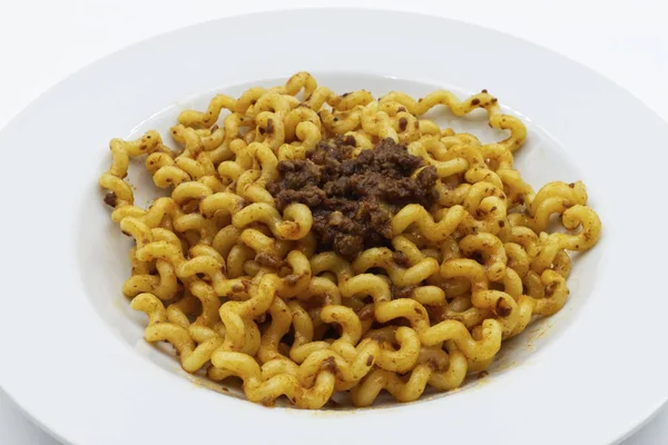 Fusilli Lunghi Bucati Bolognese Sauce White Plate Traditional Italian Pasta — Stok fotoğraf