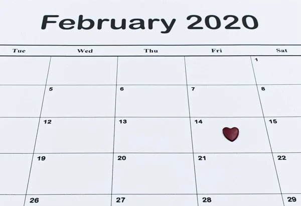 Kalender Pagina Met Rood Hart Februari Van Saint Valentines Dag — Stockfoto