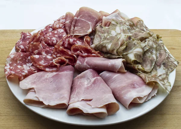 Closeup Tasty Meat Dishes Ham Salami Prosciutto Coppa Testa Italian — Stock Photo, Image