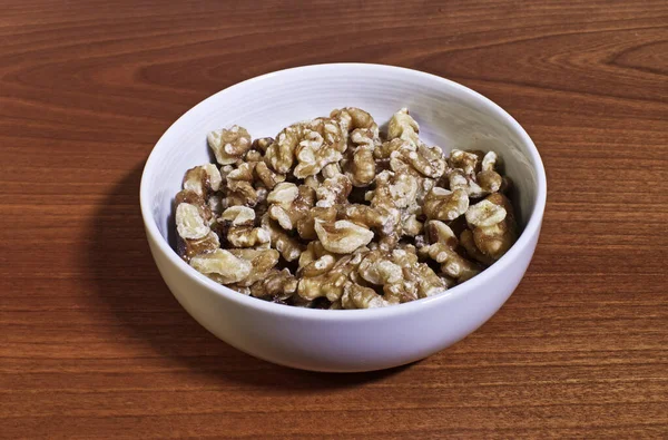 Walnuts White Ceramic Bowl Wooden Table — Stock Photo, Image