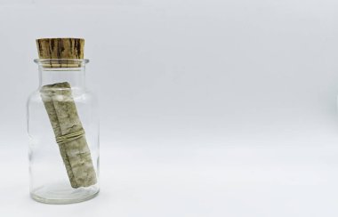 Beyaz üzerine izole yazılması için panosu olan bir şişede mesaj. Stüdyo çekimi