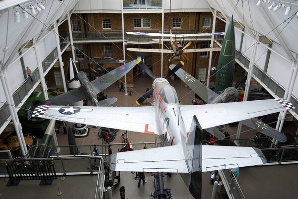 Imperial War Museum in London. Airplanes on display in the main hall