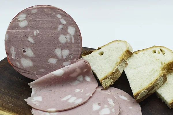 Italian Mortadella Bolognese Slices Bread Pork Salami Mortadella Isolated White — Stock Photo, Image