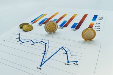 Ekonomik rapordaki iş diyagramına ilişkin Euro sikkeleri beyaza izole edildi