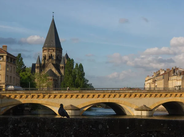 Vista Sobre Templo Metz Com Pombo Primeiro Plano Descobrindo Arquitetura — Fotografia de Stock