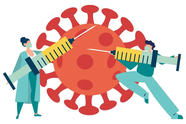 Ilustracja Wektora Walczy Covid Corona Virus Lekarze Zwalczają Koncepcję Wirusa — Wektor stockowy